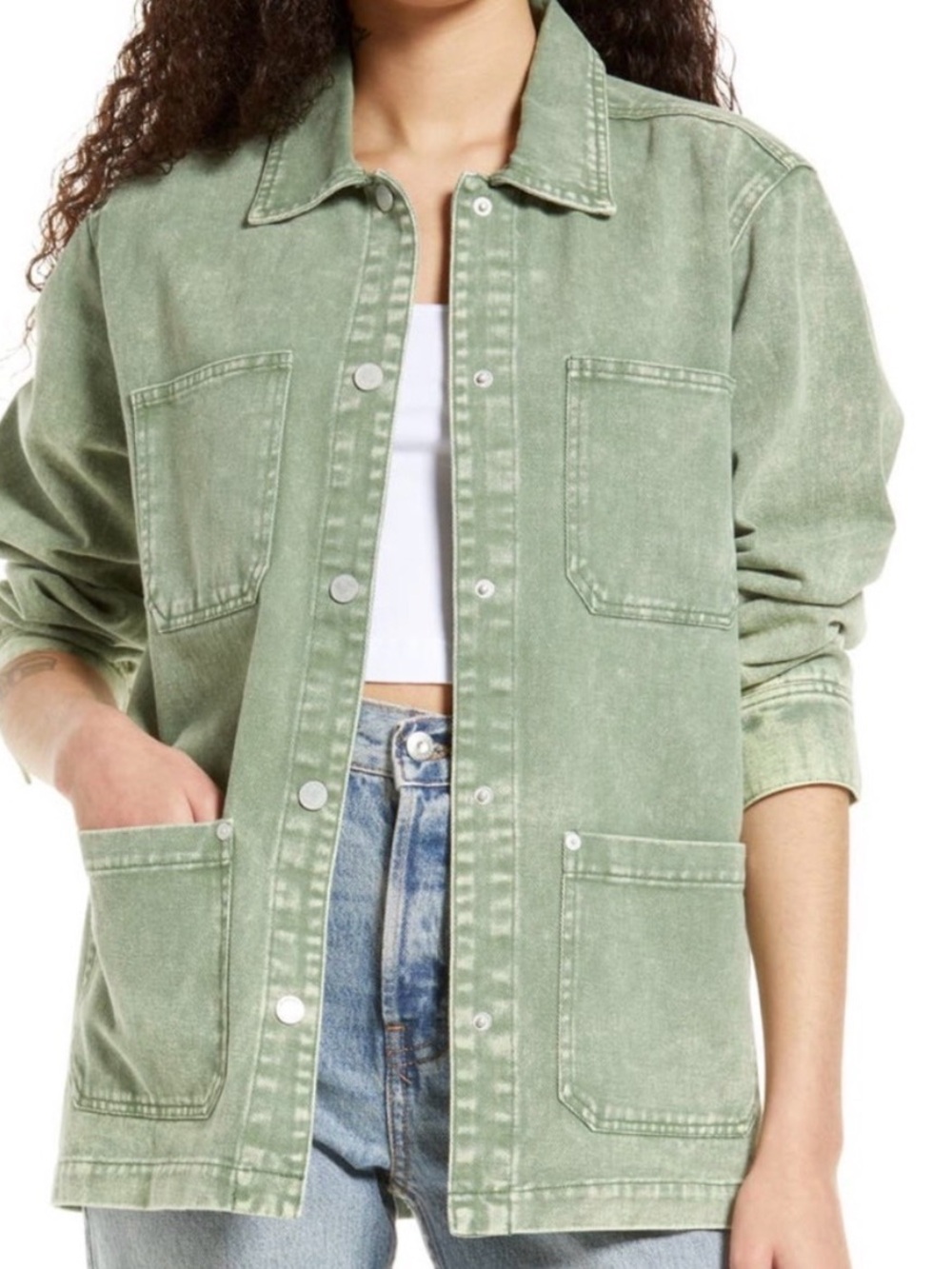 Blank NYC Olive Green Acid Washed Denim Shirt Jacket